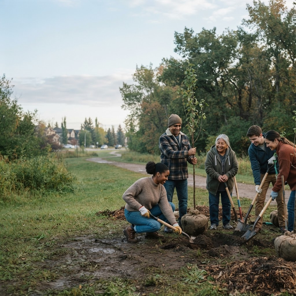 Community volunteers planting trees together